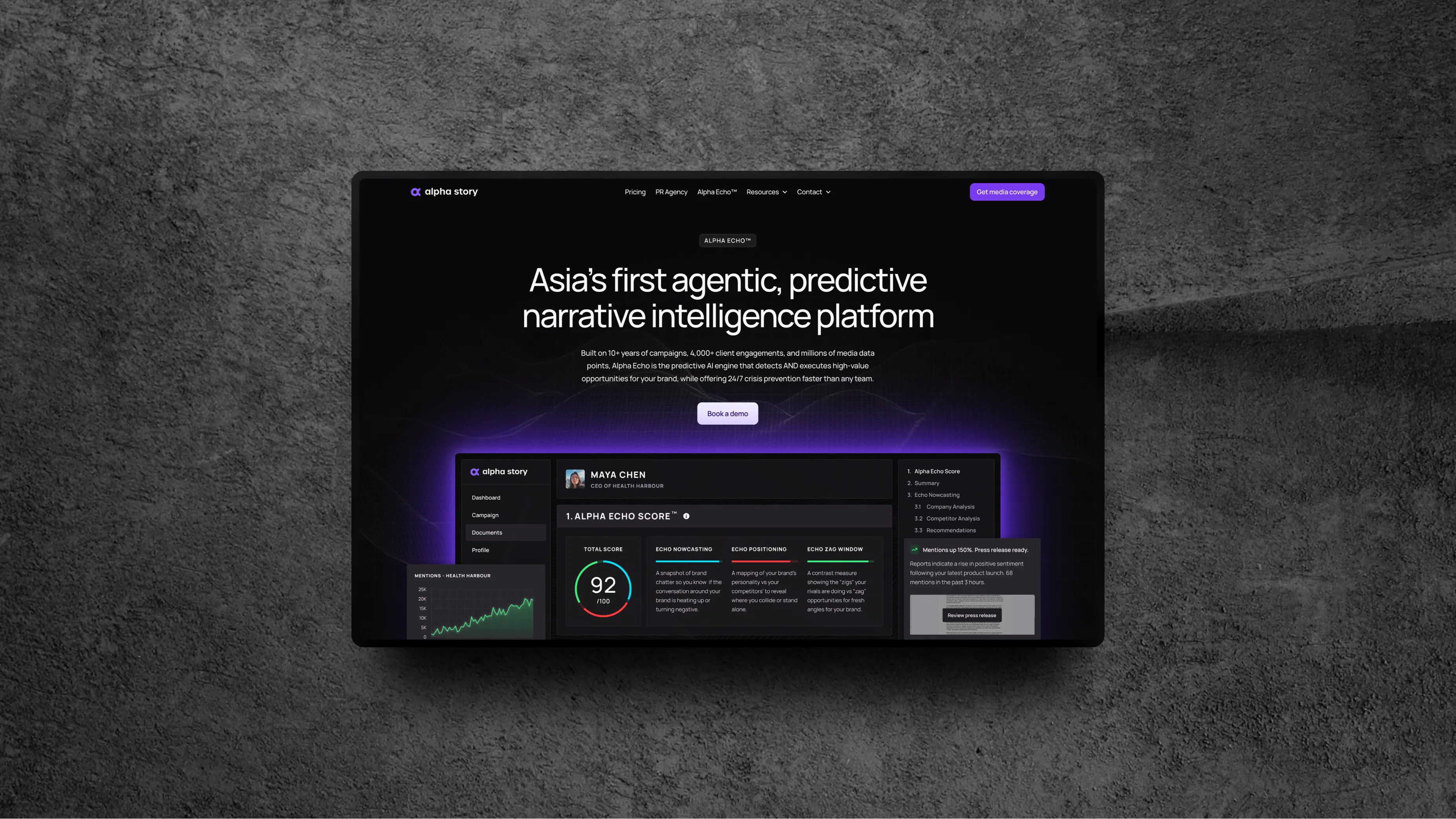 Sample project 4: Alpha Story website. Displayed on a tablet.Shows futuristic UI of alpha echo—a revolutionary narrative intelligence platform.